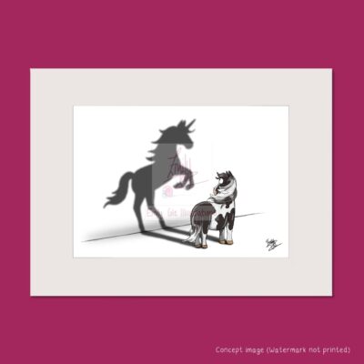 Mounted art print of piebald shetland looking at his shadow which takes the form of a rearing unicorn