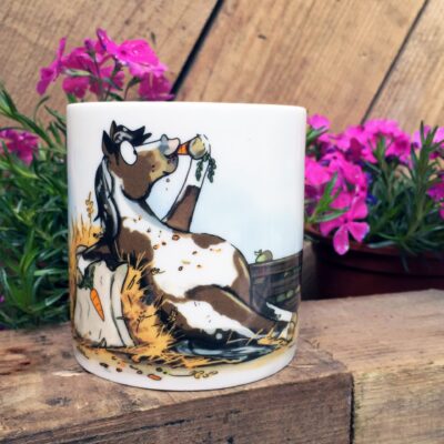 Fine Bone China Mug by Emily Cole. Featuring a Chubby Skewbald Pony and diet starts tomorrow emblem