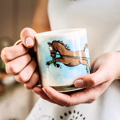 Mug featuring naughty Chestnut Horse attached to lunge Line pulling owner.