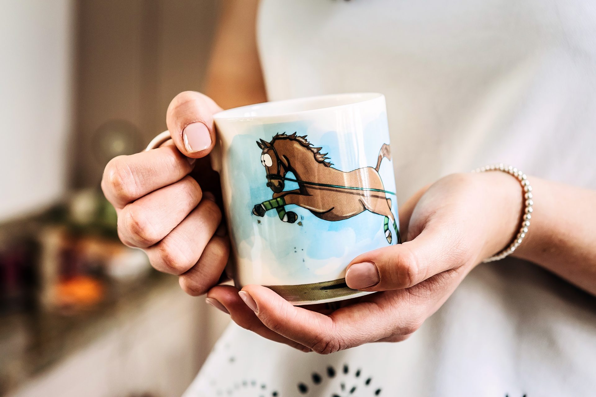 Mug featuring naughty Chestnut Horse attached to lunge Line pulling owner.