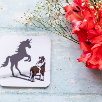 believe in yourself skewbald horse melamine coaster by Emily Cole Illustrations