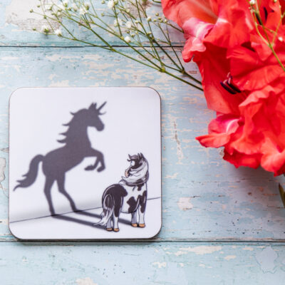 believe in yourself piebald horse melamine coaster by Emily Cole Illustrations