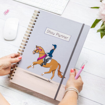 A4 Horse show planner book by Emily Cole Illustrations with grey elastic and chestnut horse illustration
