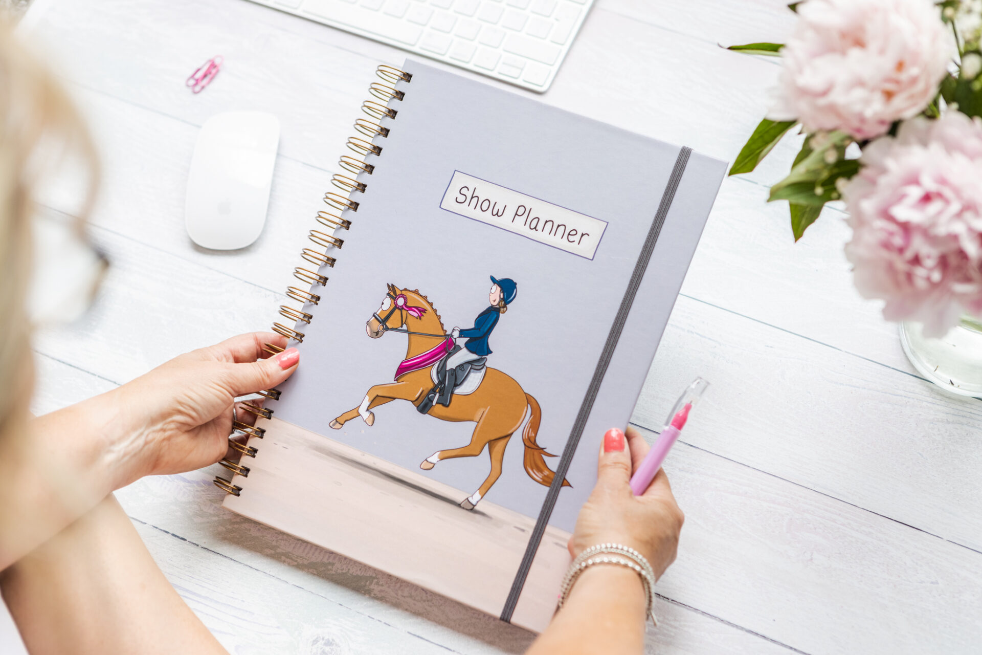 A4 Horse show planner book by Emily Cole Illustrations with grey elastic and chestnut horse illustration
