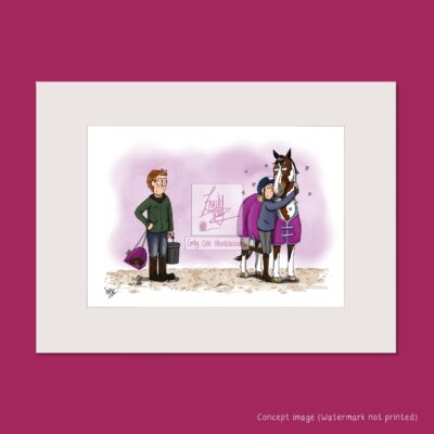 First love mounted giclee art print by Emily Cole Illustrations. Horsey boyfriend and girlfriend hugging horse.