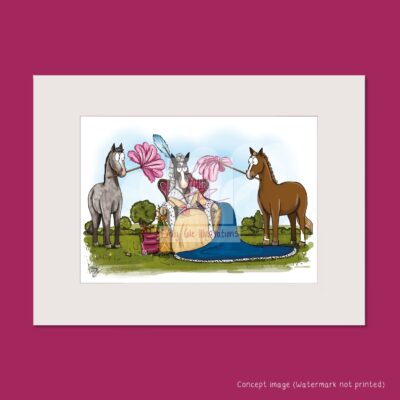 Mounted art print of one horse sat on a throne with two horses fanning like a queen