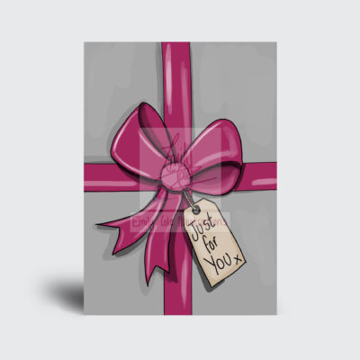 Greeting cad design to look like a Gift. Displaying a Pink Bow and a Just for you tag