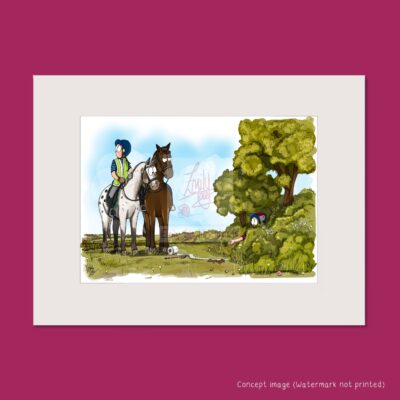 Mounted art print showing two horses and a rider waiting for another rider to finishing going to the toilet.