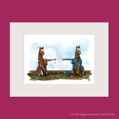 Two horses in broken rugs sat pointing at each other