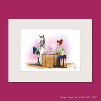 mounted art print showing a spotty horse getting a manicure
