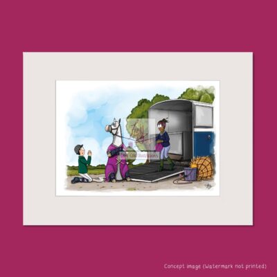 Mounted art print with two people trying to get a grey horse with crossed arms to load onto a trailer.