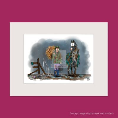 muddy grey horse and rider holding hay net and bucket mounted art print