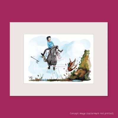 grey horse and rider in a blue top leaping in surprise at a pheasant flying