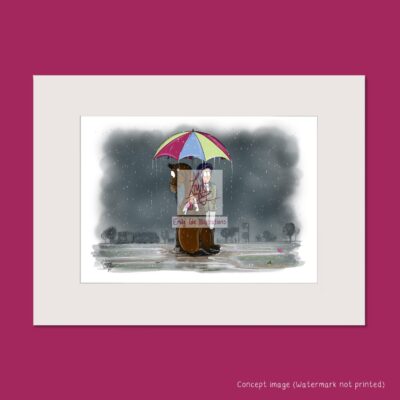 Bay horse and rider stood under a rainbow umbrella in the pouring rain. Mounted art print