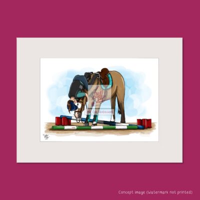 Mounted art print of a horse rider hanging onto a horse that has knocked a tiny show jump over