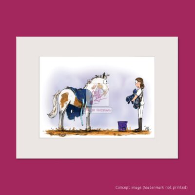 Mounted art print of a dirty grey horse being found by rider before going to a horse show