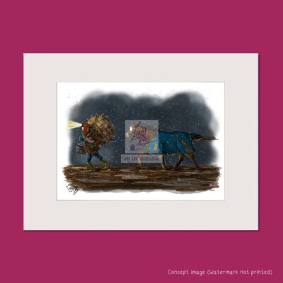 Mounted art print of horse owner leading horse through the mud, dark and pouring rain