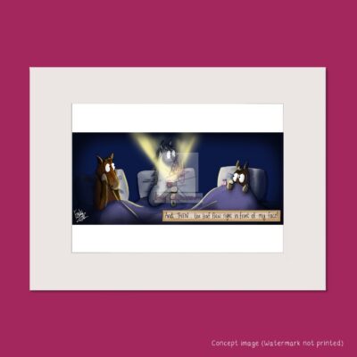 Mounted art print showing three horses sat in bed. Middle horse shining torch and telling a ghost story.