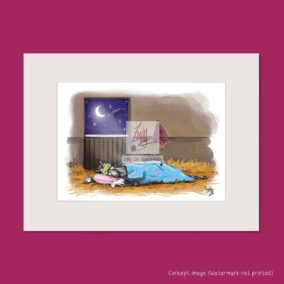 Mounted print showing grey horse lying under a quilt and dreaming.