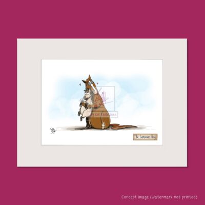 Mounted art print showing a big chestnut horse hugging a grumpy dun Shetland pony