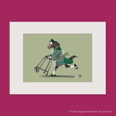 Mounted art print showing an oldhorse dressed in a dressing gown running with a zimmer frame