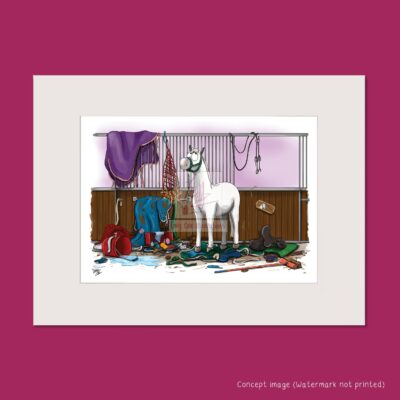 Mounted art print showing a grey horse that has pulled rugs and other objects onto the floor. The horse is looking innocently away