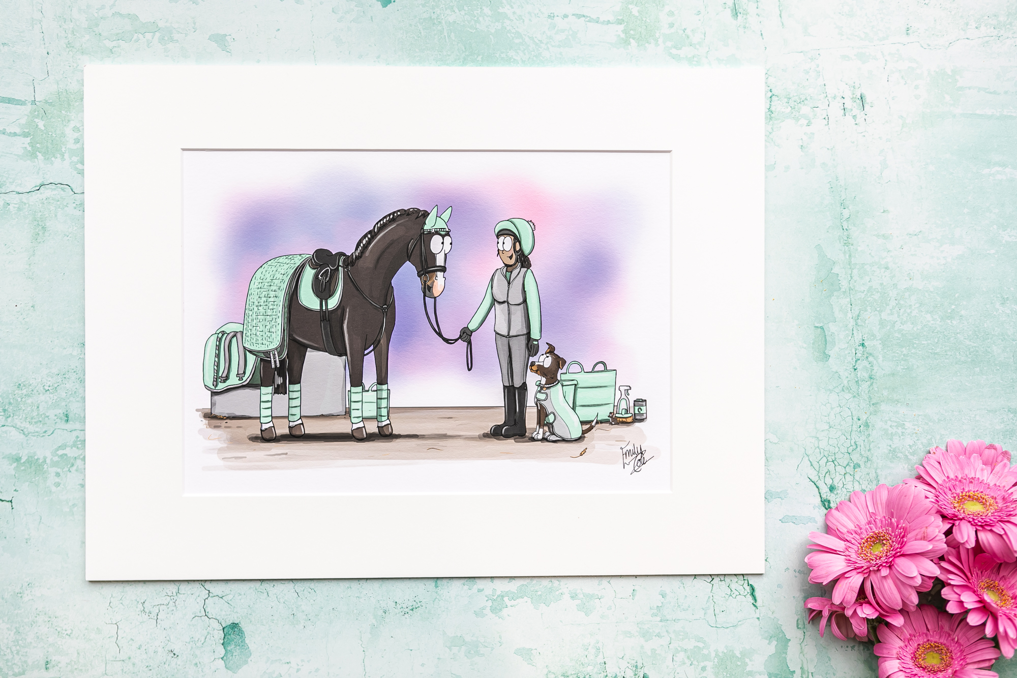 photo of mounted giclee art print. Showing a horse, rider and dog in matching mint green clothing