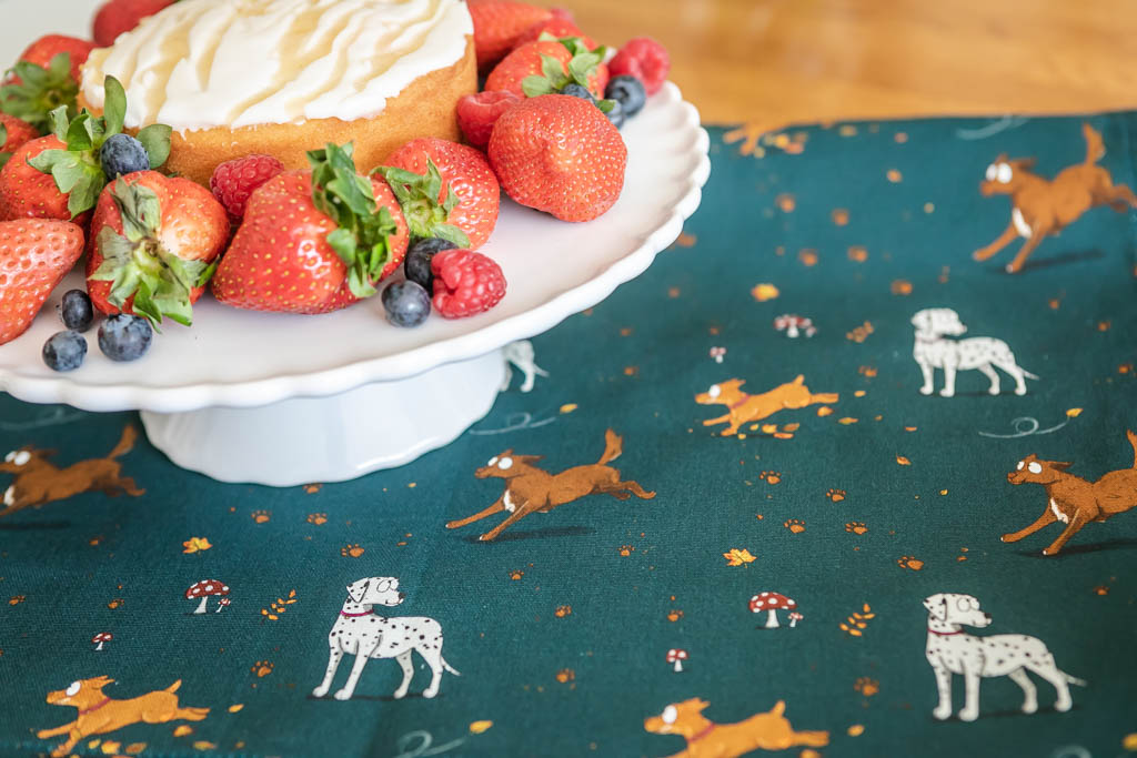 Photo of cake and fresh fruit on a plinth above a muddy paws patterned tea towel