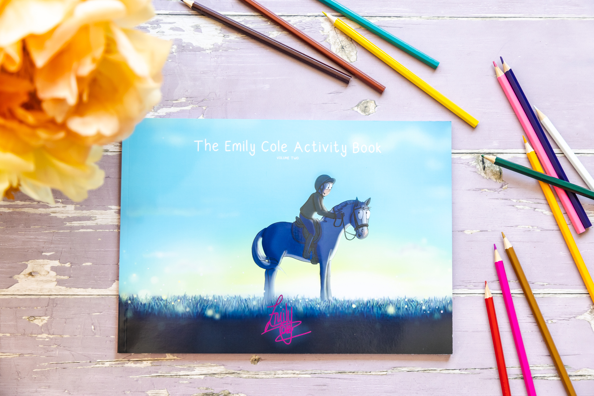 The Emily Cole Activity Book volume 2 surrounded by coloured pencils and an orange flower