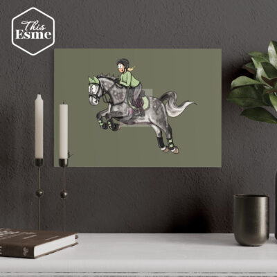 Heavyweight art print. 'Joey' This Esme - Youtuber Esme Higgs horse. A Dapple grey on a Forrest green background.