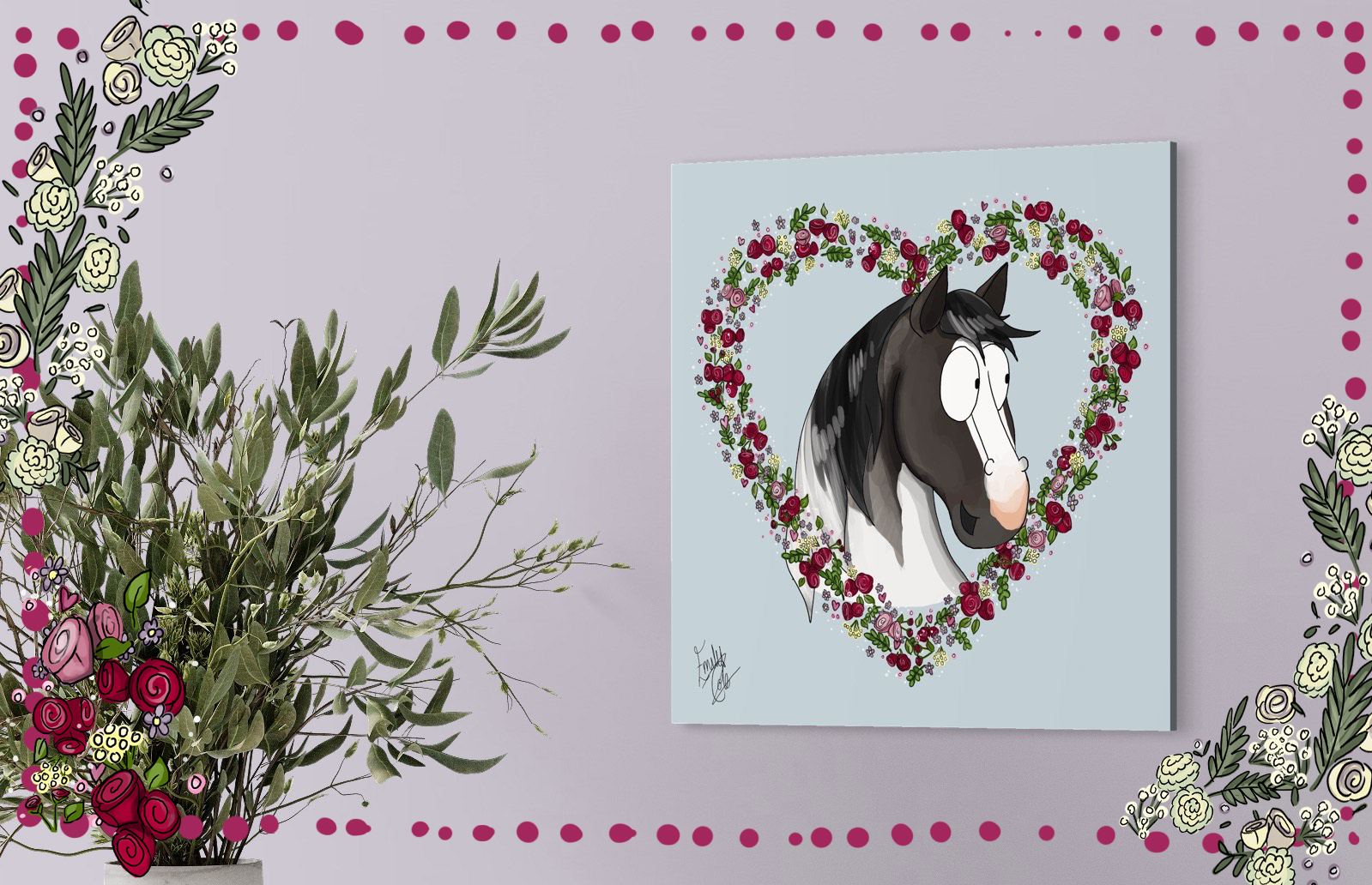 photo of print on wall of a horse head in a heart shaped wreath