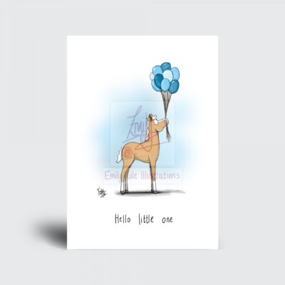Hello Little One - Palomino Foal holding Blue Balloons Greeting Card with the Quip 'Hello Little One'