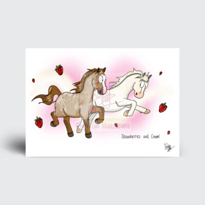 Strawberries and cream horse greeting card. Featuring two playful Strawberry roan and grey ponies playing playful amongst floating strawberries.
