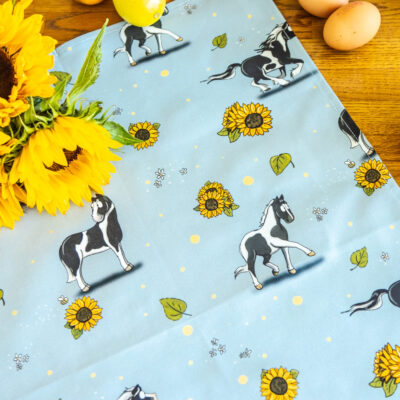 100% Cotton Tea Towel, illustrated with Piebald Horses and Sunflower details.