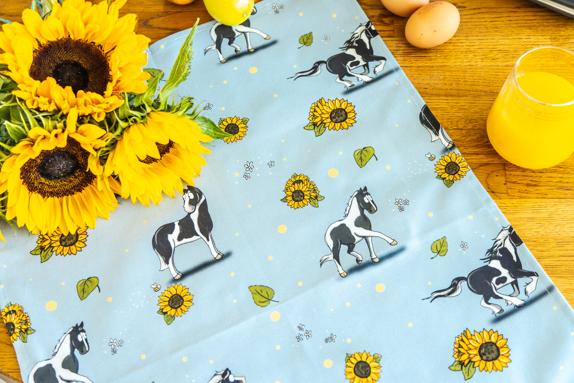 100% Cotton Tea Towel, illustrated with Piebald Horses and Sunflower details.