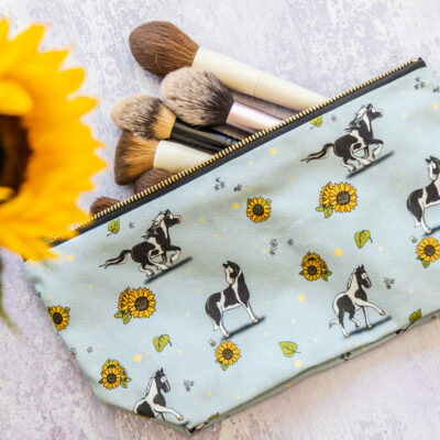 Piebald Horse Pattern Washbag, Hogged Piebald Horse, Piebald Cob and Piebald Sport Horses, with Sunflowers.