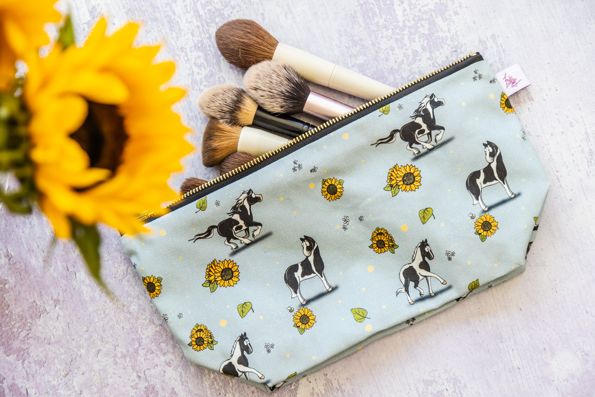 Piebald Horse Pattern Washbag, Hogged Piebald Horse, Piebald Cob and Piebald Sport Horses, with Sunflowers.