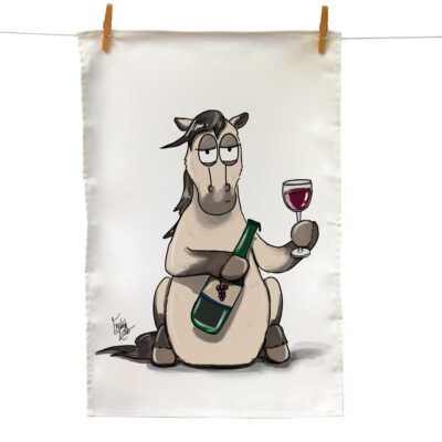 Pass the Wine Tea Towel - Dun pony holding with a Bottle of Wine