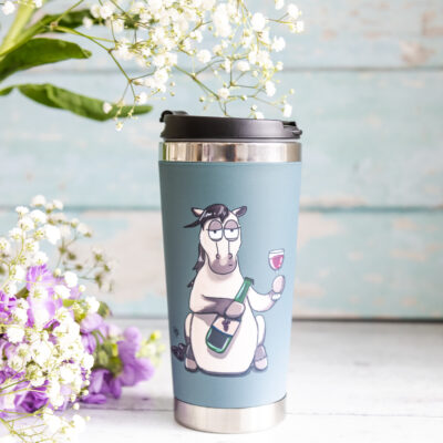 Pass me the wine Travel Mug horse design by Emily Cole Illustrations