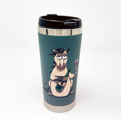 Pass me the wine Travel Mug horse design by Emily Cole Illustrations