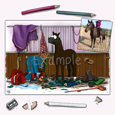 Personalised horse drawing - unexplained mess - bespoke colour print by Emily cole illustrations example Swift